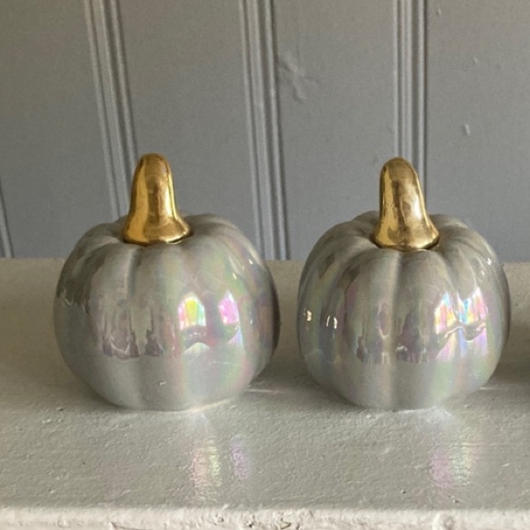 SOLD NWT Set of 2- Gray Iridescent Ceramic Pumpkins w/ Gold Stems Decorations - Picture 4 of 16